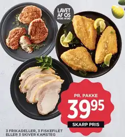 MENY Pakke med 3 frikadeller / 3 fiskefileter / 3 skiver kamsteg tilbud