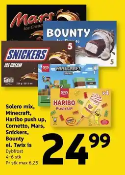 Løvbjerg Solero mix, Minecraft, Haribo push up, Cornetto, Mars, Snickers, Bounty el. Twix is tilbud