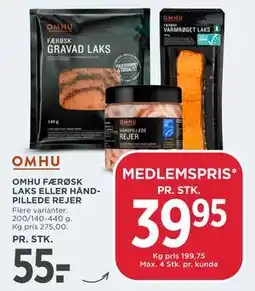 MENY OMHU FÆRØSK LAKS ELLER HÅNDPILLEDE REJER tilbud