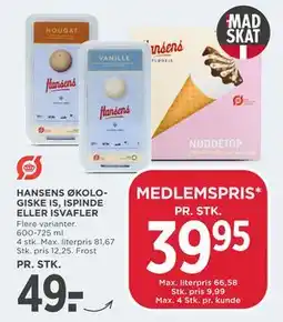 MENY HANSENS ØKOLOGISKE IS, ISPINDE ELLER ISVAFLER tilbud