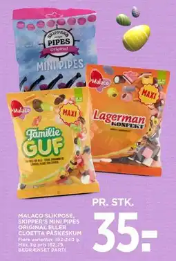 MENY MALACO SLIKPOSE, SKIPPER’S MINI PIPES ORIGINAL ELLER CLOETTA PÅSKESKUM tilbud