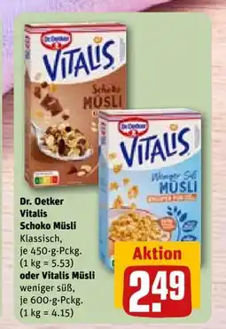 REWE DE Dr. Oetker Vitalis Schoko Müsli oder Vitalis Müsli weniger süß, EUR 2.49 tilbud