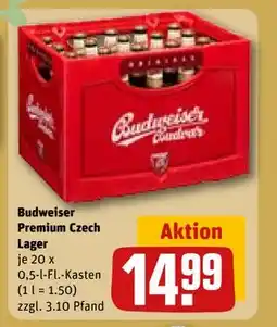REWE DE Budweiser Premium Czech Lager, EUR 14.99 tilbud