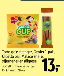 Føtex Toms go'e stænger, Center 1-pak, Cloetta bar, Malaco snøre, stjerner eller slikpose tilbud