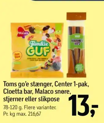 Føtex Toms go'e stænger, Center 1-pak, Cloetta bar, Malaco snøre, stjerner eller slikpose tilbud