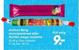 Bilka Anthon Berg marcipanbrød eller Haribo mega roulette tilbud