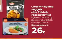Kvickly Glutenfri kylling nuggets eller Rahbek rødspættefilet tilbud