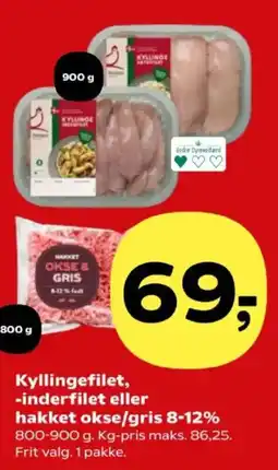 Kvickly Kyllingefilet, -inderfilet eller hakket okse/gris 8-12% tilbud