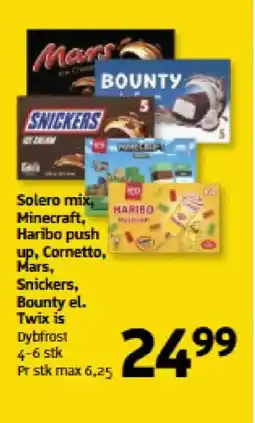 Løvbjerg Solero mix, Minecraft, Haribo push up, Cornetto, Mars, Snickers, Bounty el. Twix is tilbud
