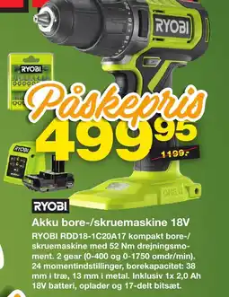 Bauhaus RYOBI RDD18-1C20A17 Akku bore-/skruemaskine 18V tilbud