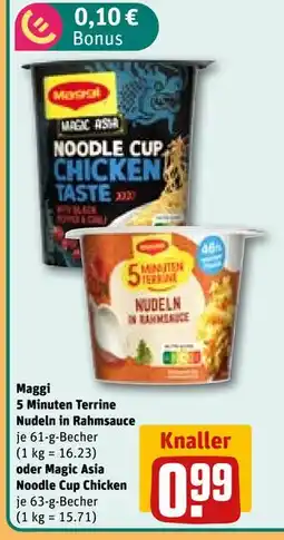 REWE DE Maggi 5 Minuten Terrine Nudeln in Rahmsauce oder Magic Asia Noodle Cup Chicken, EUR 0.99 tilbud