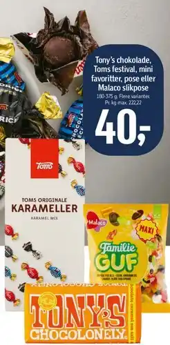 Føtex Tony's chokolade, Toms festival, mini favoritter eller Malaco slikpose tilbud
