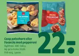 Coop 365 Coop pølsehorn eller focaccia med pepperoni tilbud