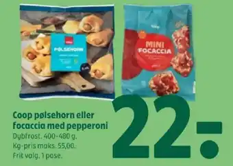 Coop 365 Coop pølsehorn eller focaccia med pepperoni tilbud