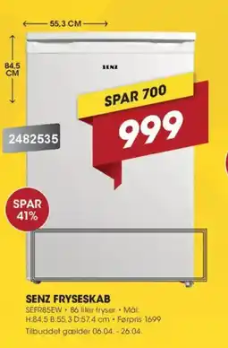 Punkt1 Senz fryseskab SEFR85EW tilbud