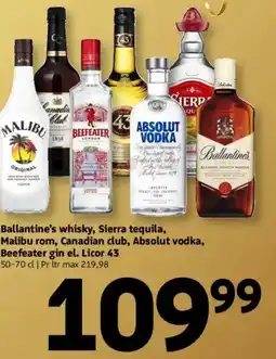 Løvbjerg Ballantine's whisky, Sierra tequila, Malibu rom, Canadian club, Absolut vodka, Beefeater gin el. Licor 43 tilbud