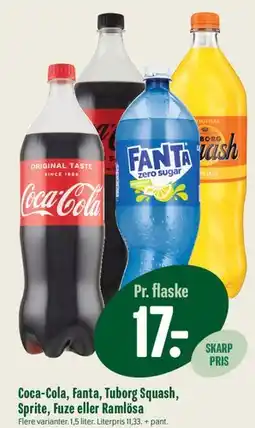Min Købmand Coca-Cola, Fanta, Tuborg Squash, Sprite, Fuze eller Ramlösa (1,5 l) tilbud