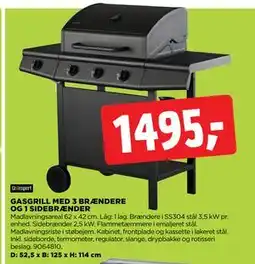 jem & fix GASGRILL MED 3 BRÆNDERE OG 1 SIDEBRÆNDER tilbud