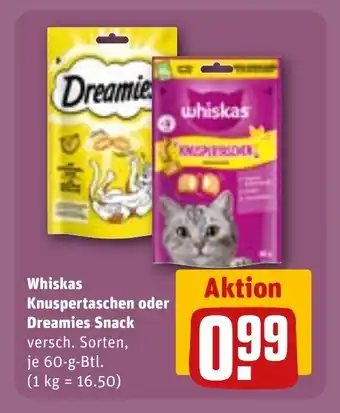 REWE DE Whiskas Knuspertaschen oder Dreamies Snack tilbud