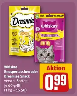 REWE DE Whiskas Knuspertaschen oder Dreamies Snack, EUR 0.99 tilbud