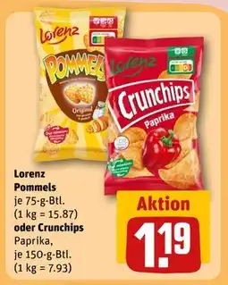 REWE DE Lorenz Pommels oder Crunchips Paprika, EUR 1.19 tilbud