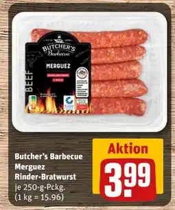 REWE DE Butcher's Barbecue Merguez Rinder-Bratwurst, EUR 3.99 tilbud