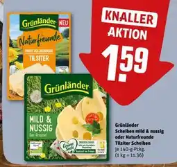 REWE DE Grünländer Scheiben mild & nussig oder Naturfreunde Tilsiter Scheiben, EUR 1.59 tilbud