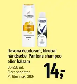 Føtex REXONA Deodorant, neutral håndsæbe, pantene shampoo eller balsam tilbud