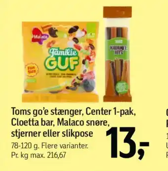 Føtex Toms go'e stænger, center 1-pak, cloetta bar, malaco snøre, stjerner eller slikpose tilbud