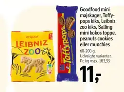 Føtex Goodfood mini majskager, toffy- pops kiks, leibniz zoo kiks, salling mini kokos toppe, peanuts cookies eller munchies tilbud