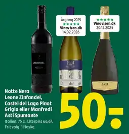 Coop 365 Notte Nera / Leone Zinfandel / Castel del Lago Pinot Grigio / Manfredi Asti Spumante tilbud