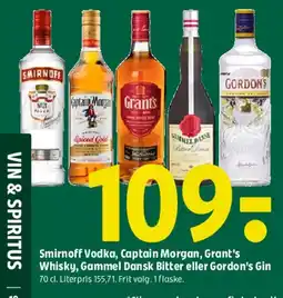 Coop 365 Smirnoff Vodka, Captain Morgan, Grant's Whisky, Gammel Dansk Bitter eller Gordon's Gin tilbud