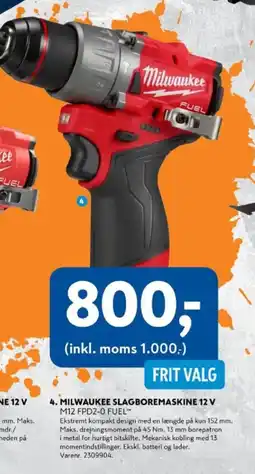 Davidsen Milwaukee slagboremaskine 12 v m12 fpd2-0 fuel™ tilbud