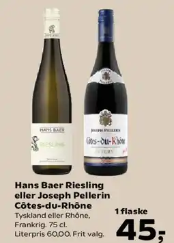 SuperBrugsen Hans Baer Riesling eller Joseph Pellerin Côtes-du-Rhône tilbud