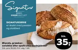 SuperBrugsen Signaturbrød (Ølands, græskar-solsikke eller spelt-chia surdejsbrød) tilbud