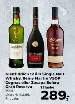 Kvickly Glenfiddich 12 års Single Malt Whisky, Rémy Martin VSOP Cognac eller Zacapa Solera Gran Reserva tilbud