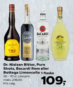 Kvickly Dr. Nielsen Bitter, Pure Shots, Bacardi Rom eller Bottega Limoncello tilbud