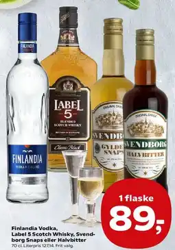 Kvickly Finlandia Vodka, Label 5 Scotch Whisky, Svendborg Snaps eller Halvbitter tilbud
