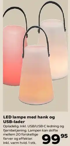 Kvickly LED lampe med hank og USB-lader tilbud