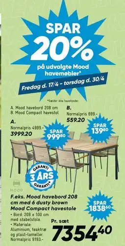 Bilka Mood havebord 208 cm med 6 dusty brown Mood Compact havestole tilbud