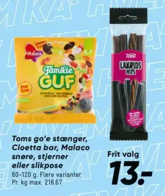 Bilka Toms go'e stænger, cloetta bar, malaco snøre, stjerner eller slikpose tilbud