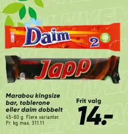 Bilka Marabou kingsize bar, toblerone eller daim dobbelt tilbud