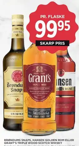 MENY Brøndums snaps, Hansen Golden Rom eller Grant's Triple Wood Scotch Whisky tilbud