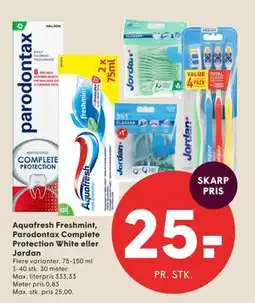 SPAR Aquafresh Freshmint, Parodontax Complete Protection White eller Jordan tilbud