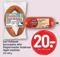 REMA 1000 Carl Vollstedt baconpølse eller Slagtermester Andersen røget medister tilbud