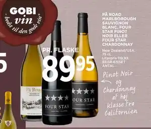 MENY PĀ ROAD MARLBOROUGH SAUVIGNON BLANC, FOUR STAR PINOT NOIR ELLER FOUR STAR CHARDONNAY tilbud