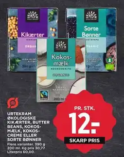 MENY URTEKRAM ØKOLOGISKE KIKÆRTER, BUTTER BEANS, KOKOSMÆLK, KOKOSCREME ELLER SORTE BØNNER tilbud