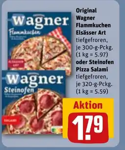 REWE DE Original Wagner Flammkuchen Elsässer Art oder Steinofen Pizza Salami tilbud