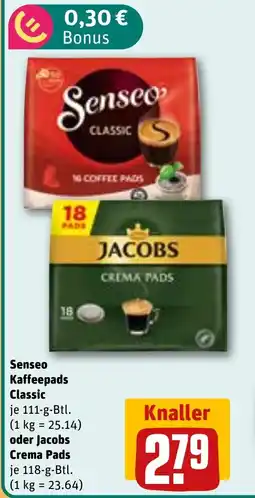 REWE DE Senseo Kaffeepads Classic oder Jacobs Crema Pads tilbud