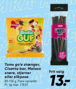 Bilka Toms / Cloetta / Malaco slik tilbud